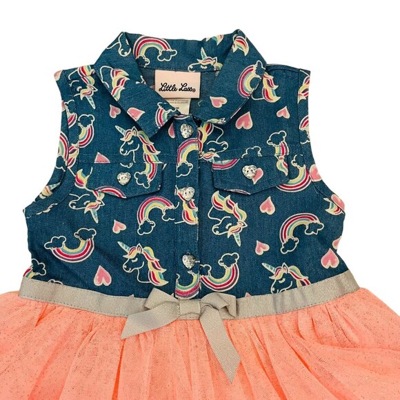 Little Lass Toddler Girls 24M Rainbow Unicorn Denim and Tutu Dress - Picture 4 of 6
